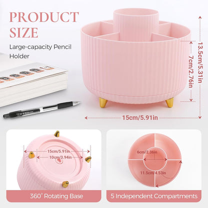 Pencil Pen Holder for Desk, 5 Slots 360 - Degree Rotating Desktop Organizer, Cute Desk Organizers and Accessories for School, Home, Office and Art Supply, Black