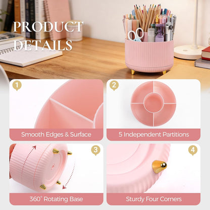 Pencil Pen Holder for Desk, 5 Slots 360 - Degree Rotating Desktop Organizer, Cute Desk Organizers and Accessories for School, Home, Office and Art Supply, Black