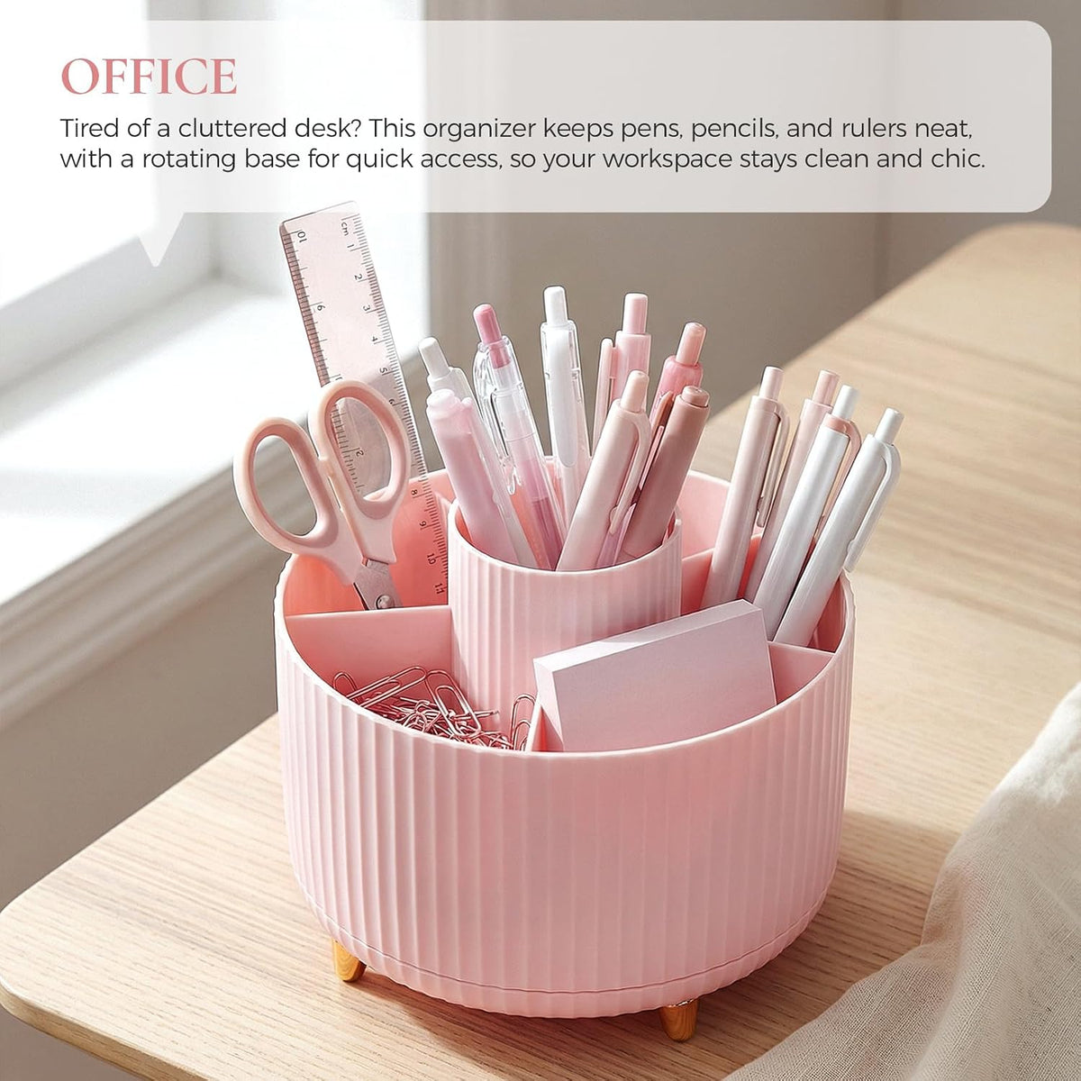 Pencil Pen Holder for Desk, 5 Slots 360 - Degree Rotating Desktop Organizer, Cute Desk Organizers and Accessories for School, Home, Office and Art Supply, Black