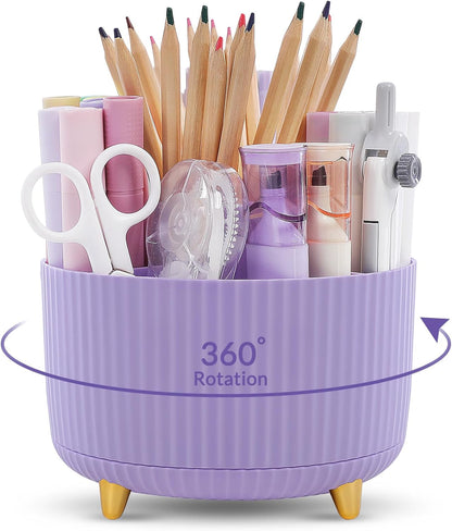 Pencil Pen Holder for Desk, 5 Slots 360 - Degree Rotating Desktop Organizer, Cute Desk Organizers and Accessories for School, Home, Office and Art Supply, Black