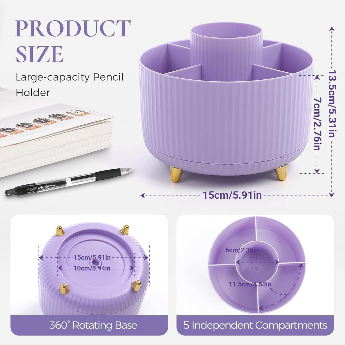 Pencil Pen Holder for Desk, 5 Slots 360 - Degree Rotating Desktop Organizer, Cute Desk Organizers and Accessories for School, Home, Office and Art Supply, Black