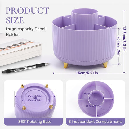Pencil Pen Holder for Desk, 5 Slots 360 - Degree Rotating Desktop Organizer, Cute Desk Organizers and Accessories for School, Home, Office and Art Supply, Black