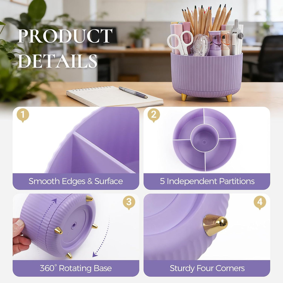 Pencil Pen Holder for Desk, 5 Slots 360 - Degree Rotating Desktop Organizer, Cute Desk Organizers and Accessories for School, Home, Office and Art Supply, Black