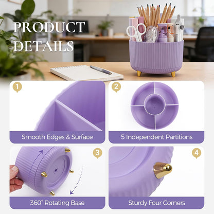 Pencil Pen Holder for Desk, 5 Slots 360 - Degree Rotating Desktop Organizer, Cute Desk Organizers and Accessories for School, Home, Office and Art Supply, Black