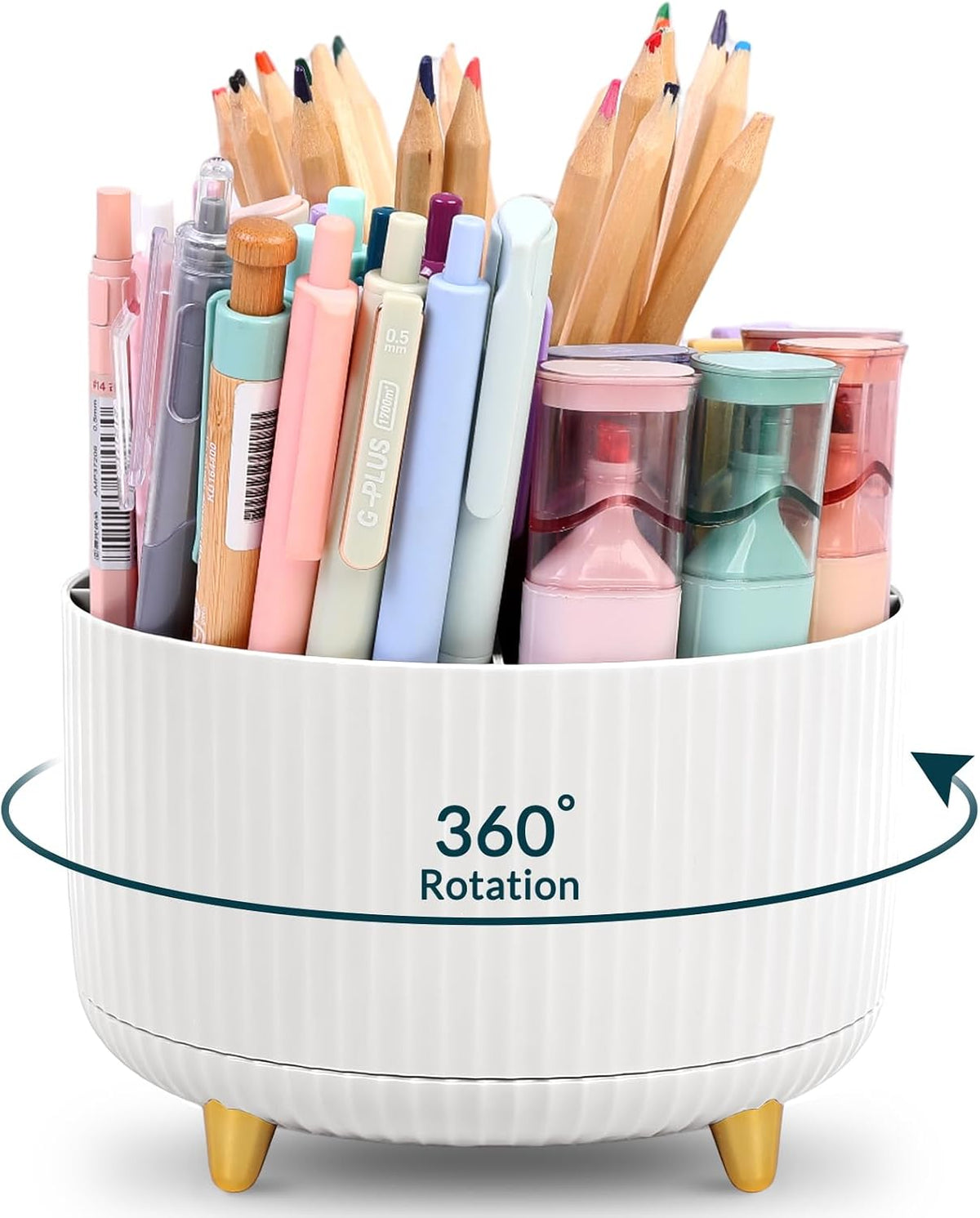 Pencil Pen Holder for Desk, 5 Slots 360 - Degree Rotating Desktop Organizer, Cute Desk Organizers and Accessories for School, Home, Office and Art Supply, Black