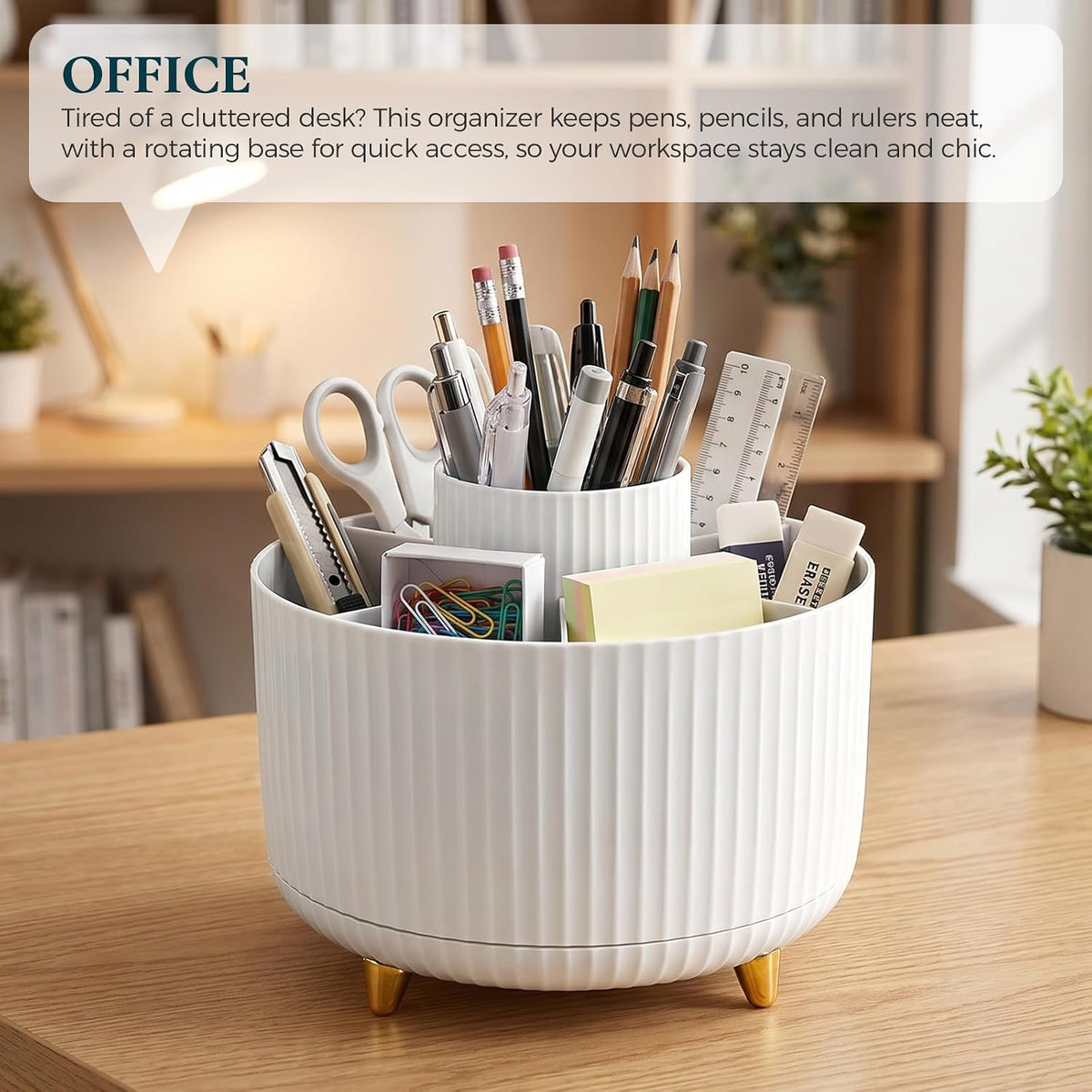 Pencil Pen Holder for Desk, 5 Slots 360 - Degree Rotating Desktop Organizer, Cute Desk Organizers and Accessories for School, Home, Office and Art Supply, Black