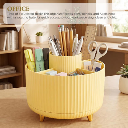 Pencil Pen Holder for Desk, 5 Slots 360 - Degree Rotating Desktop Organizer, Cute Desk Organizers and Accessories for School, Home, Office and Art Supply, Black
