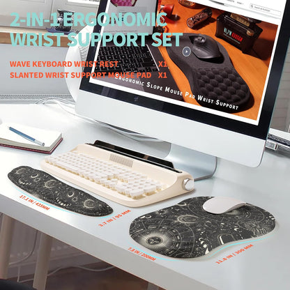 2-in-1 Ergonomic Set, Wave Rise Keyboard Wrist Rest and Massage Bulge Slope Mouse Pad Wrist Support, Cushion Memory Foam Integrated to Relieve Wrist Pain, Black