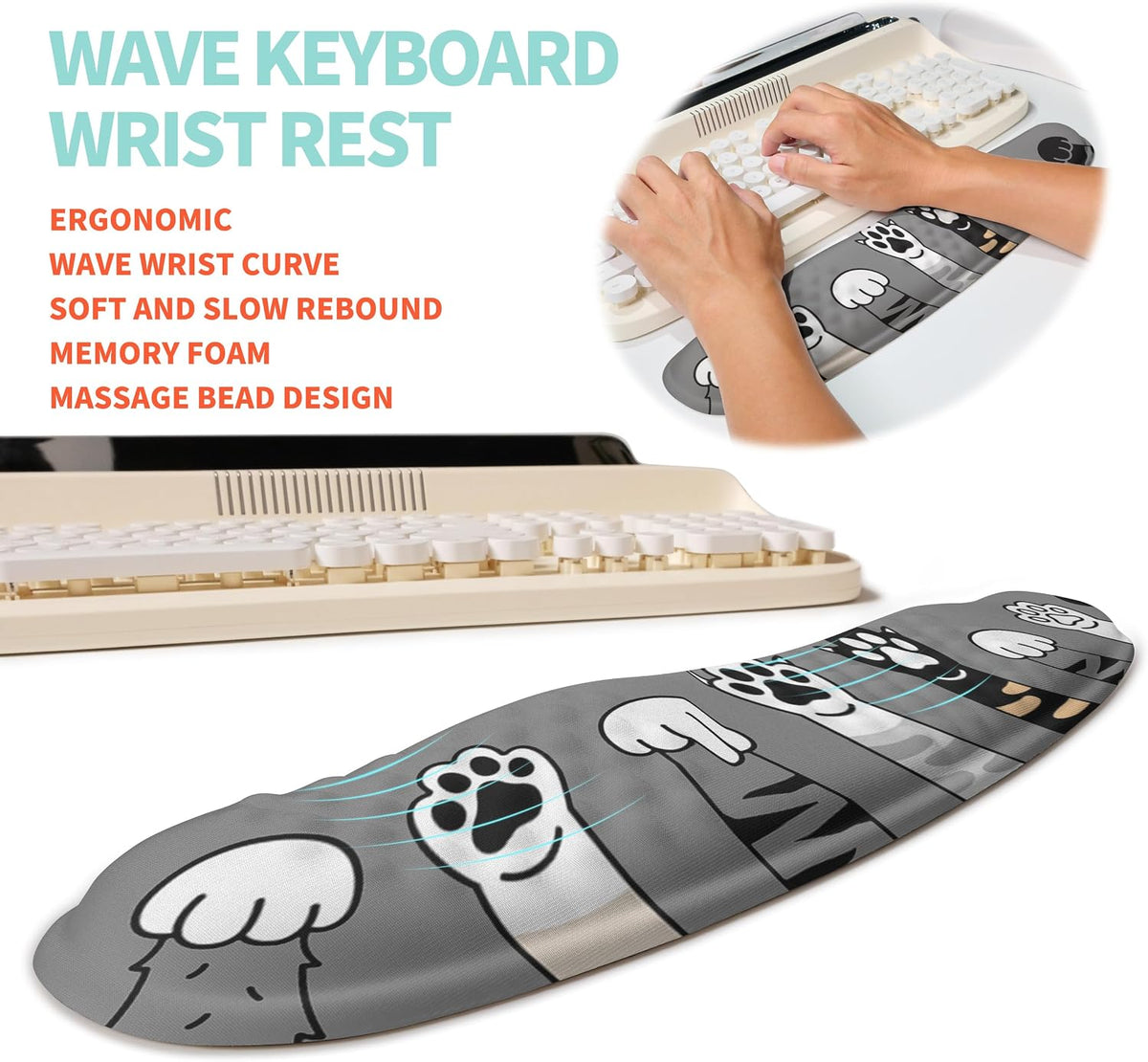 2-in-1 Ergonomic Set, Wave Rise Keyboard Wrist Rest and Massage Bulge Slope Mouse Pad Wrist Support, Cushion Memory Foam Integrated to Relieve Wrist Pain, Black