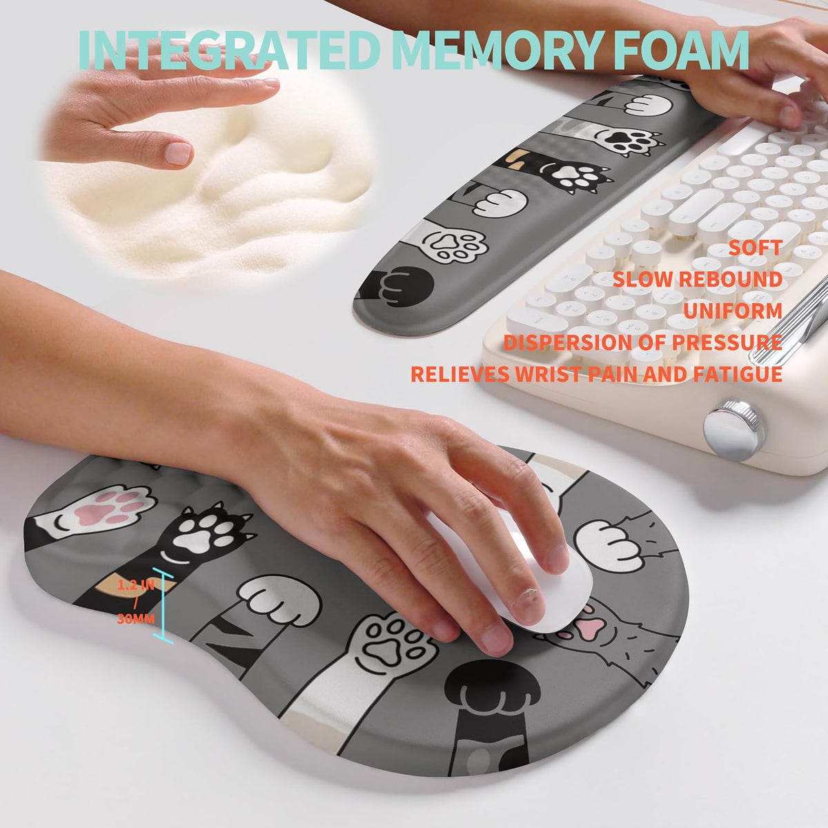 2-in-1 Ergonomic Set, Wave Rise Keyboard Wrist Rest and Massage Bulge Slope Mouse Pad Wrist Support, Cushion Memory Foam Integrated to Relieve Wrist Pain, Black