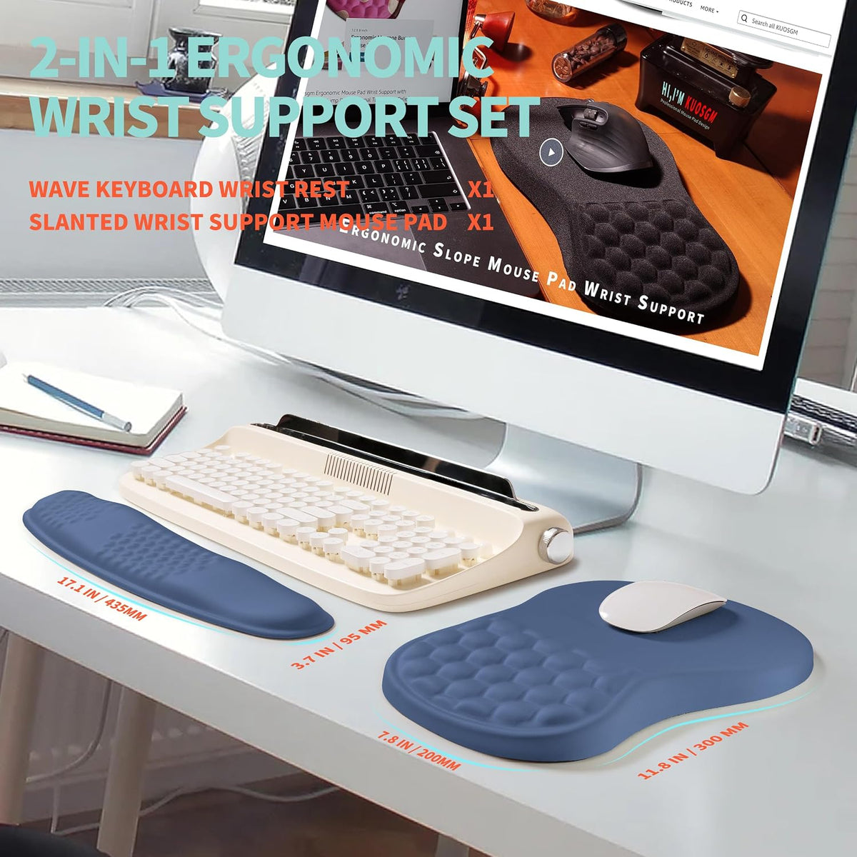 2-in-1 Ergonomic Set, Wave Rise Keyboard Wrist Rest and Massage Bulge Slope Mouse Pad Wrist Support, Cushion Memory Foam Integrated to Relieve Wrist Pain, Black