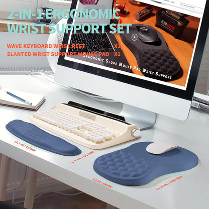 2-in-1 Ergonomic Set, Wave Rise Keyboard Wrist Rest and Massage Bulge Slope Mouse Pad Wrist Support, Cushion Memory Foam Integrated to Relieve Wrist Pain, Black