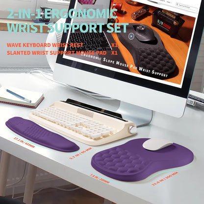 2-in-1 Ergonomic Set, Wave Rise Keyboard Wrist Rest and Massage Bulge Slope Mouse Pad Wrist Support, Cushion Memory Foam Integrated to Relieve Wrist Pain, Black