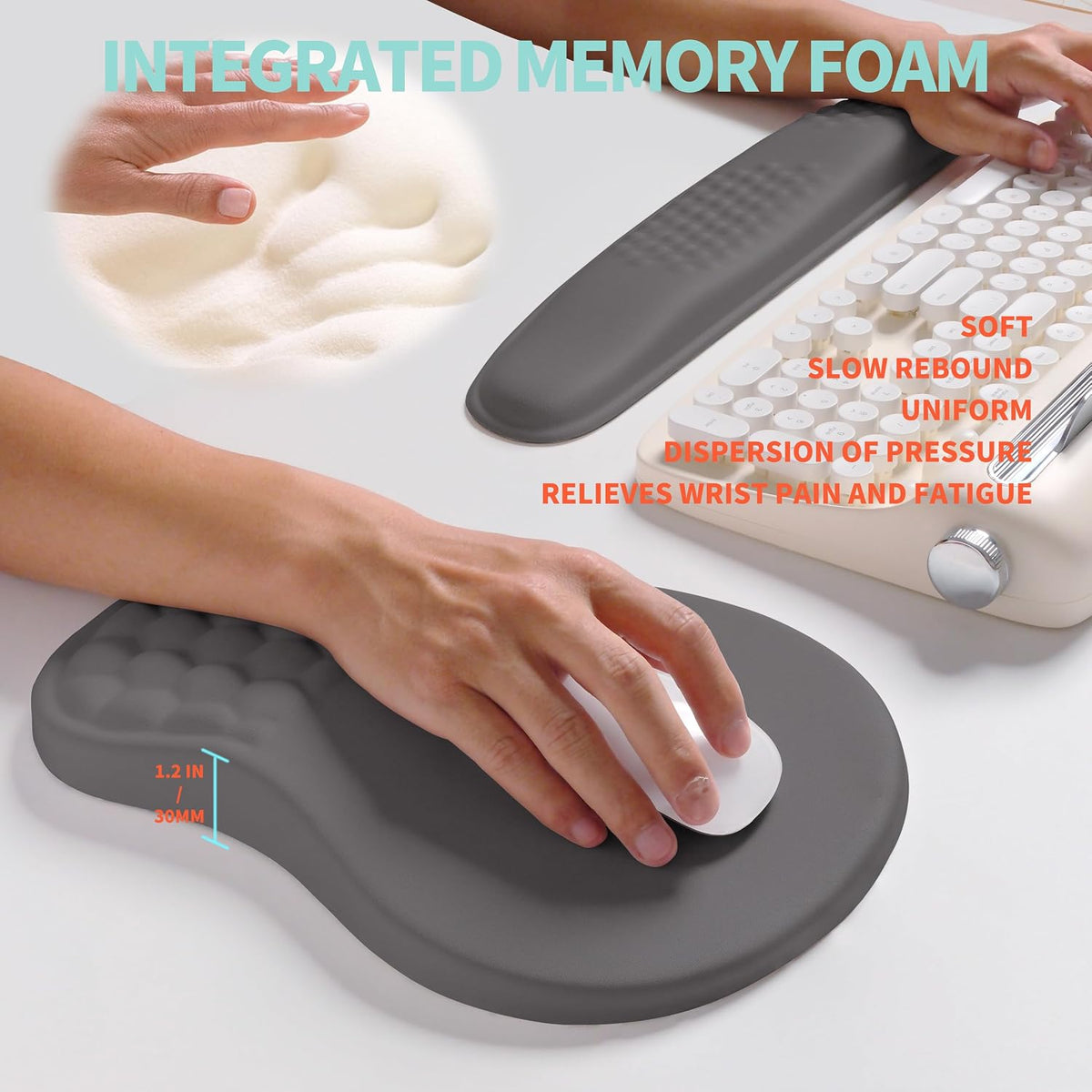 2-in-1 Ergonomic Set, Wave Rise Keyboard Wrist Rest and Massage Bulge Slope Mouse Pad Wrist Support, Cushion Memory Foam Integrated to Relieve Wrist Pain, Black