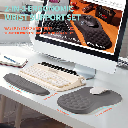2-in-1 Ergonomic Set, Wave Rise Keyboard Wrist Rest and Massage Bulge Slope Mouse Pad Wrist Support, Cushion Memory Foam Integrated to Relieve Wrist Pain, Black