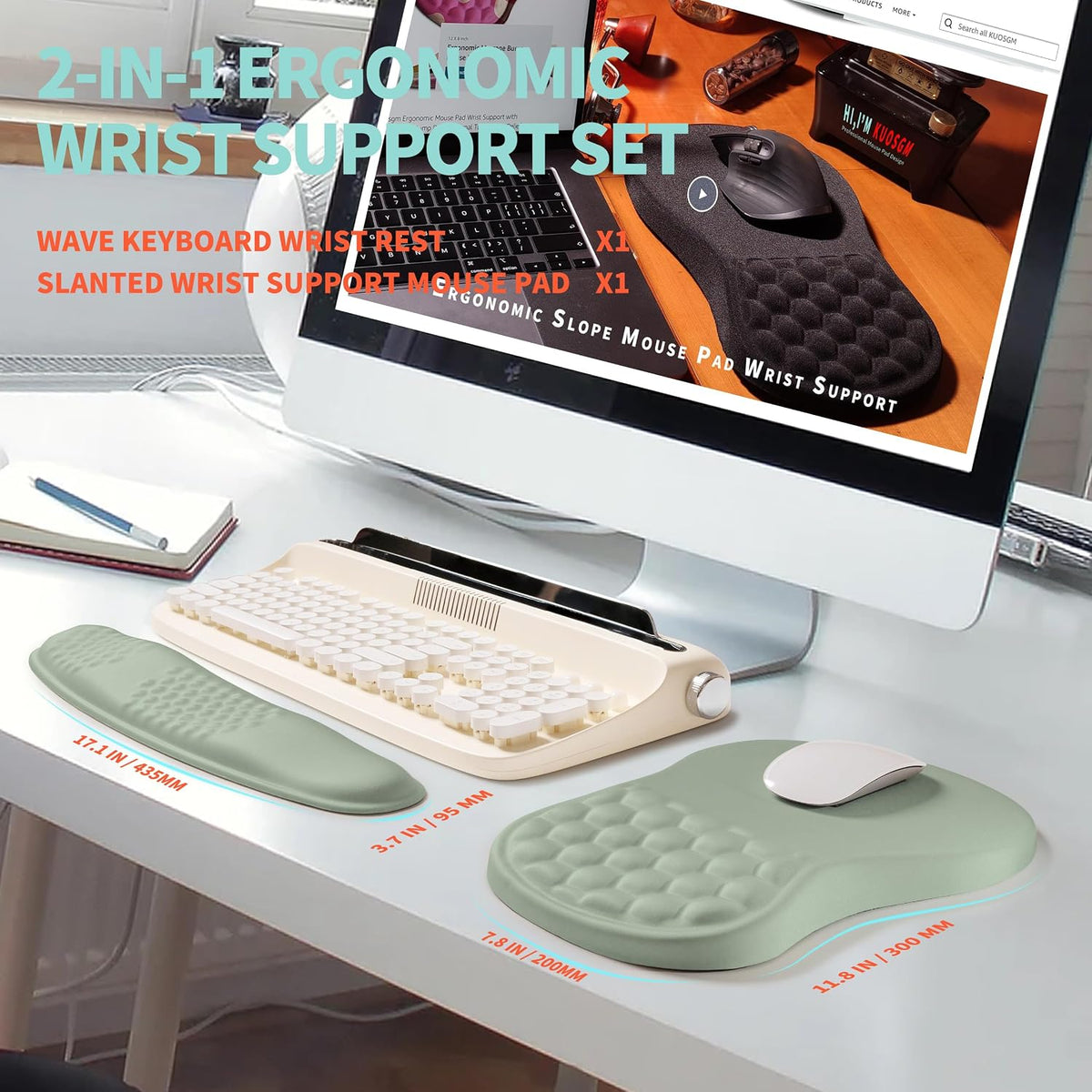 2-in-1 Ergonomic Set, Wave Rise Keyboard Wrist Rest and Massage Bulge Slope Mouse Pad Wrist Support, Cushion Memory Foam Integrated to Relieve Wrist Pain, Black
