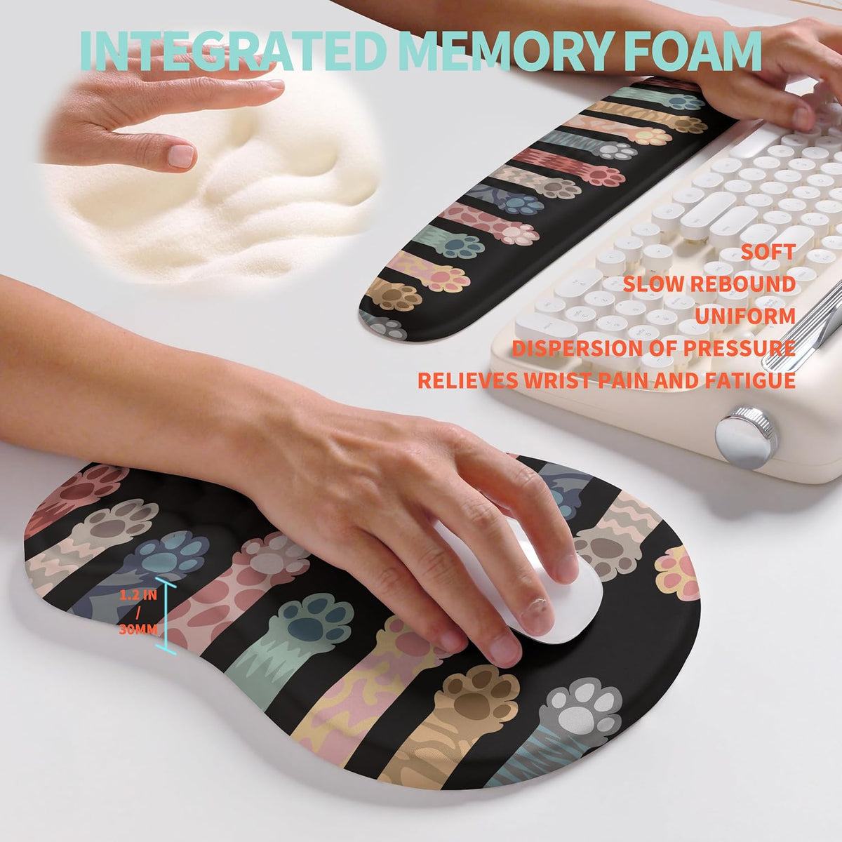 2-in-1 Ergonomic Set, Wave Rise Keyboard Wrist Rest and Massage Bulge Slope Mouse Pad Wrist Support, Cushion Memory Foam Integrated to Relieve Wrist Pain, Black