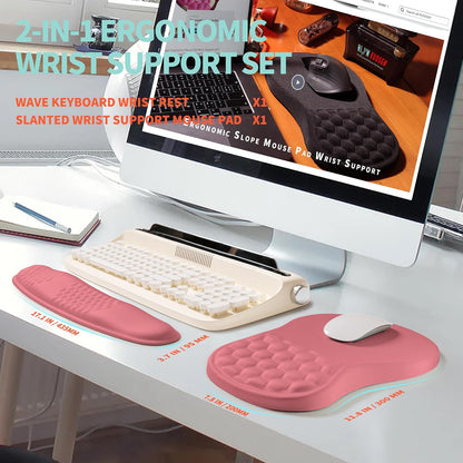 2-in-1 Ergonomic Set, Wave Rise Keyboard Wrist Rest and Massage Bulge Slope Mouse Pad Wrist Support, Cushion Memory Foam Integrated to Relieve Wrist Pain, Black