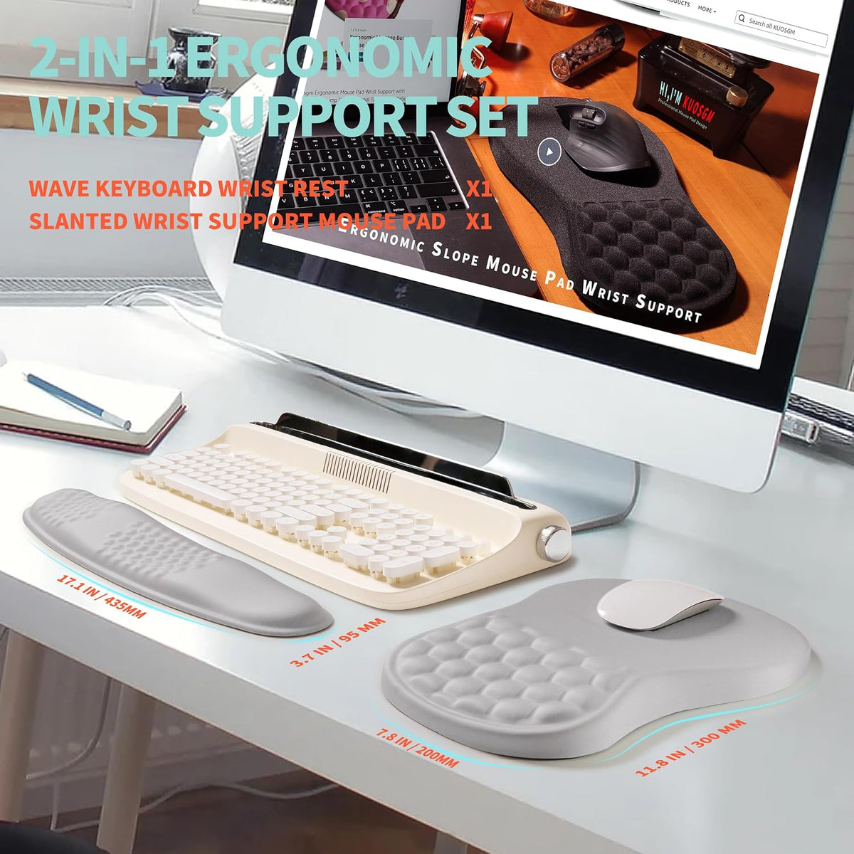 2-in-1 Ergonomic Set, Wave Rise Keyboard Wrist Rest and Massage Bulge Slope Mouse Pad Wrist Support, Cushion Memory Foam Integrated to Relieve Wrist Pain, Black