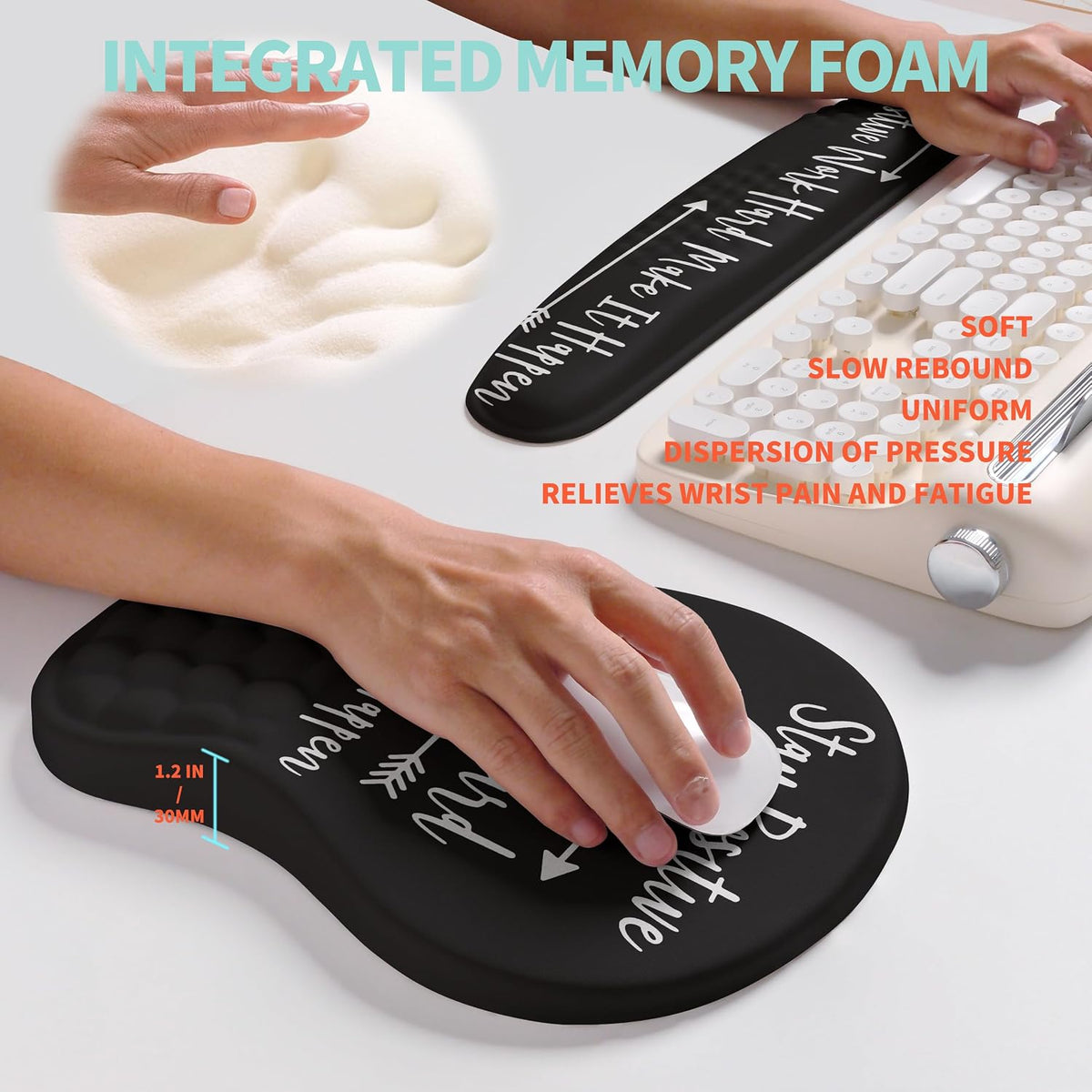 2-in-1 Ergonomic Set, Wave Rise Keyboard Wrist Rest and Massage Bulge Slope Mouse Pad Wrist Support, Cushion Memory Foam Integrated to Relieve Wrist Pain, Black
