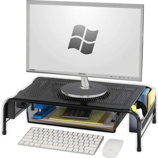 Metal Desk Monitor Stand Riser w/ Organizer Drawer, Black