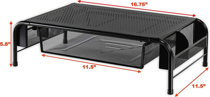 Metal Desk Monitor Stand Riser w/ Organizer Drawer, Black