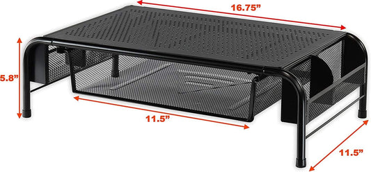 Metal Desk Monitor Stand Riser w/ Organizer Drawer, Black