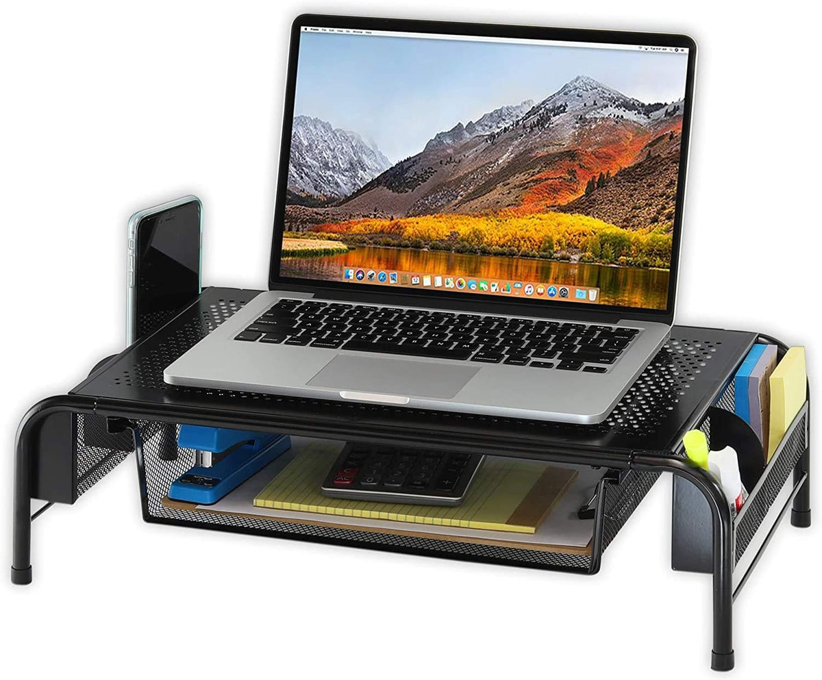 Metal Desk Monitor Stand Riser w/ Organizer Drawer, Black