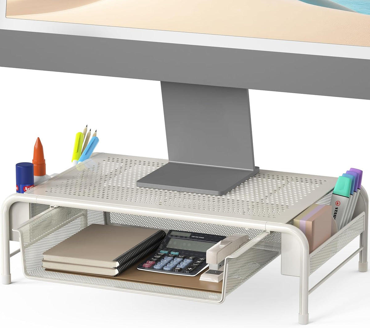Metal Desk Monitor Stand Riser w/ Organizer Drawer, Black