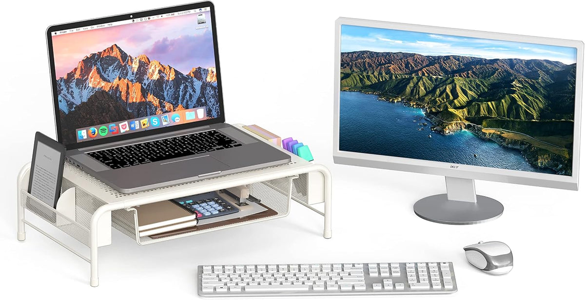 Metal Desk Monitor Stand Riser w/ Organizer Drawer, Black