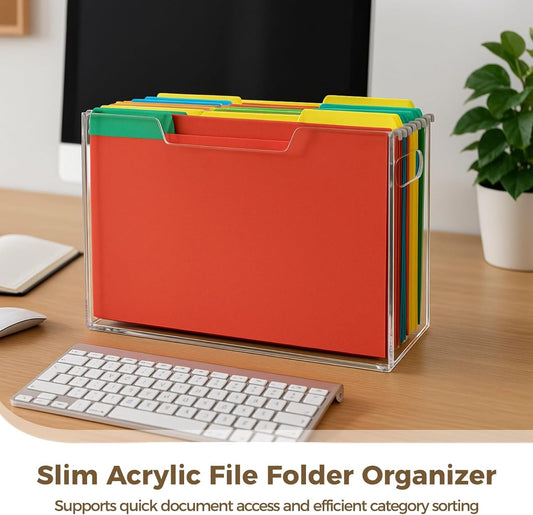Acrylic File Folder Organizer, Clear Hanging File Organizer Box for Letter Size, Desktop File Holder with Handles, Slim Filing Storage Box for Desk Office Home Work, 12.2 x 9.4 x 3.5 in