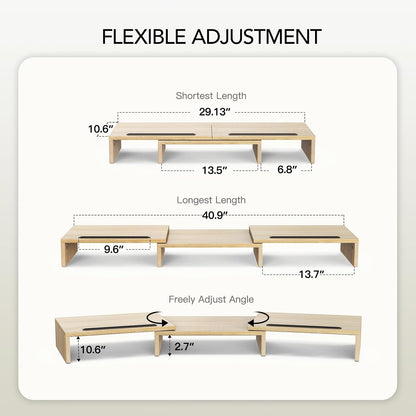 Dual Monitor Stand Riser- 3 Shelf Screen Stand with Adjustable Length and Angle, 2 Extra Functional Slot Desktop Organizer Stand for PC, Computer, Laptop (Light Wood)