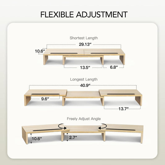 Dual Monitor Stand Riser- 3 Shelf Screen Stand with Adjustable Length and Angle, 2 Extra Functional Slot Desktop Organizer Stand for PC, Computer, Laptop (Light Wood)