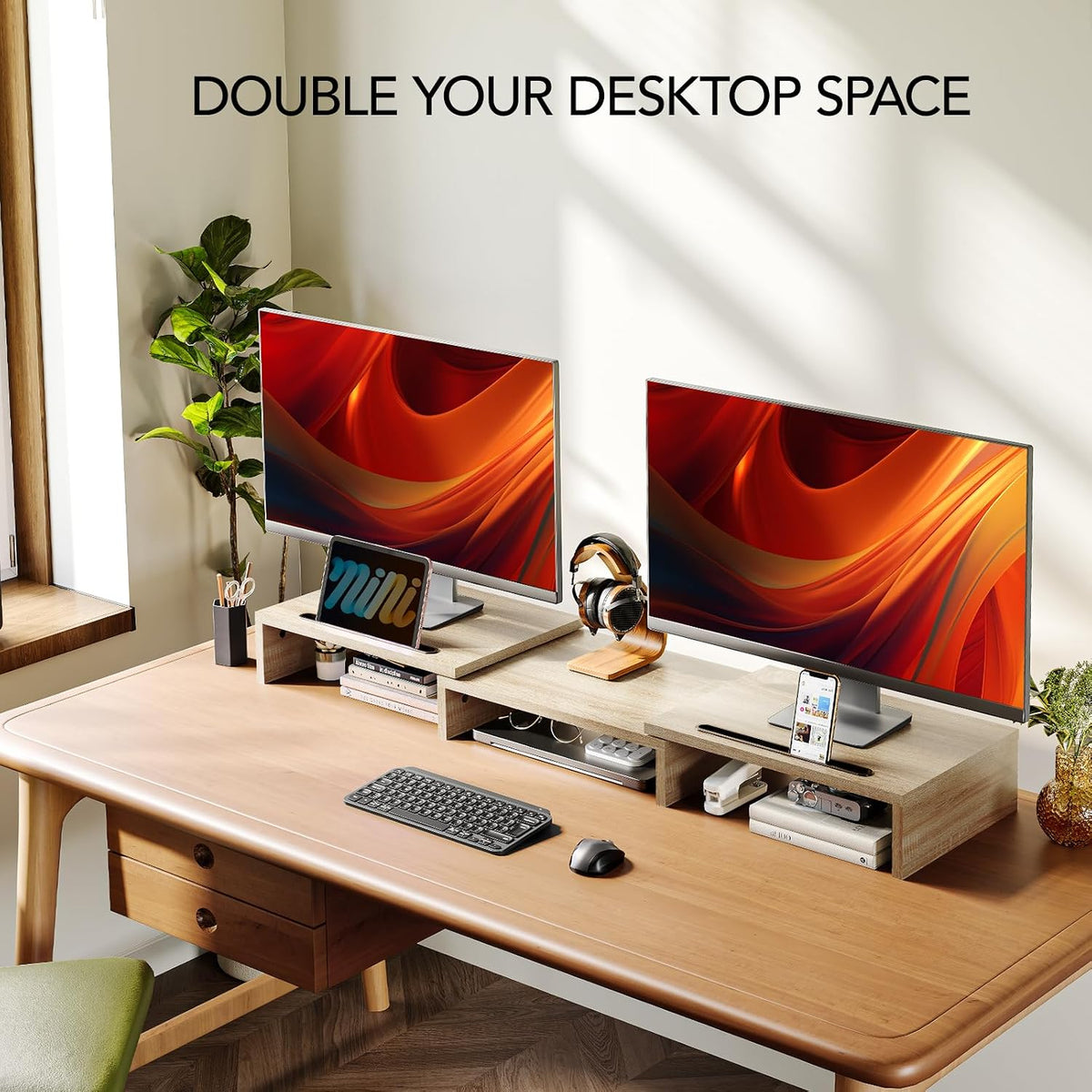 Dual Monitor Stand Riser- 3 Shelf Screen Stand with Adjustable Length and Angle, 2 Extra Functional Slot Desktop Organizer Stand for PC, Computer, Laptop (Light Wood)