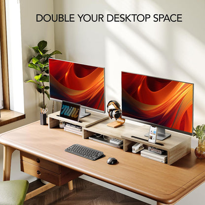 Dual Monitor Stand Riser- 3 Shelf Screen Stand with Adjustable Length and Angle, 2 Extra Functional Slot Desktop Organizer Stand for PC, Computer, Laptop (Light Wood)