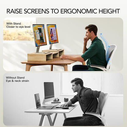 Dual Monitor Stand Riser- 3 Shelf Screen Stand with Adjustable Length and Angle, 2 Extra Functional Slot Desktop Organizer Stand for PC, Computer, Laptop (Light Wood)