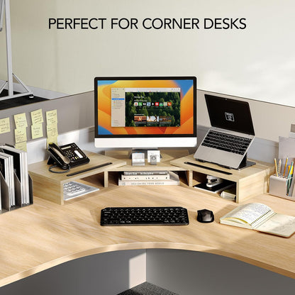 Dual Monitor Stand Riser- 3 Shelf Screen Stand with Adjustable Length and Angle, 2 Extra Functional Slot Desktop Organizer Stand for PC, Computer, Laptop (Light Wood)