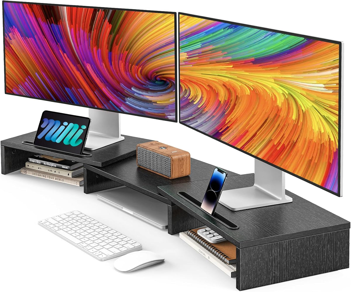 Dual Monitor Stand Riser- 3 Shelf Screen Stand with Adjustable Length and Angle, 2 Extra Functional Slot Desktop Organizer Stand for PC, Computer, Laptop (Light Wood)