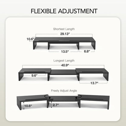 Dual Monitor Stand Riser- 3 Shelf Screen Stand with Adjustable Length and Angle, 2 Extra Functional Slot Desktop Organizer Stand for PC, Computer, Laptop (Light Wood)