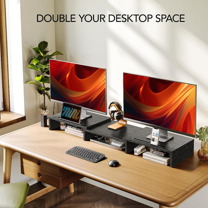Dual Monitor Stand Riser- 3 Shelf Screen Stand with Adjustable Length and Angle, 2 Extra Functional Slot Desktop Organizer Stand for PC, Computer, Laptop (Light Wood)