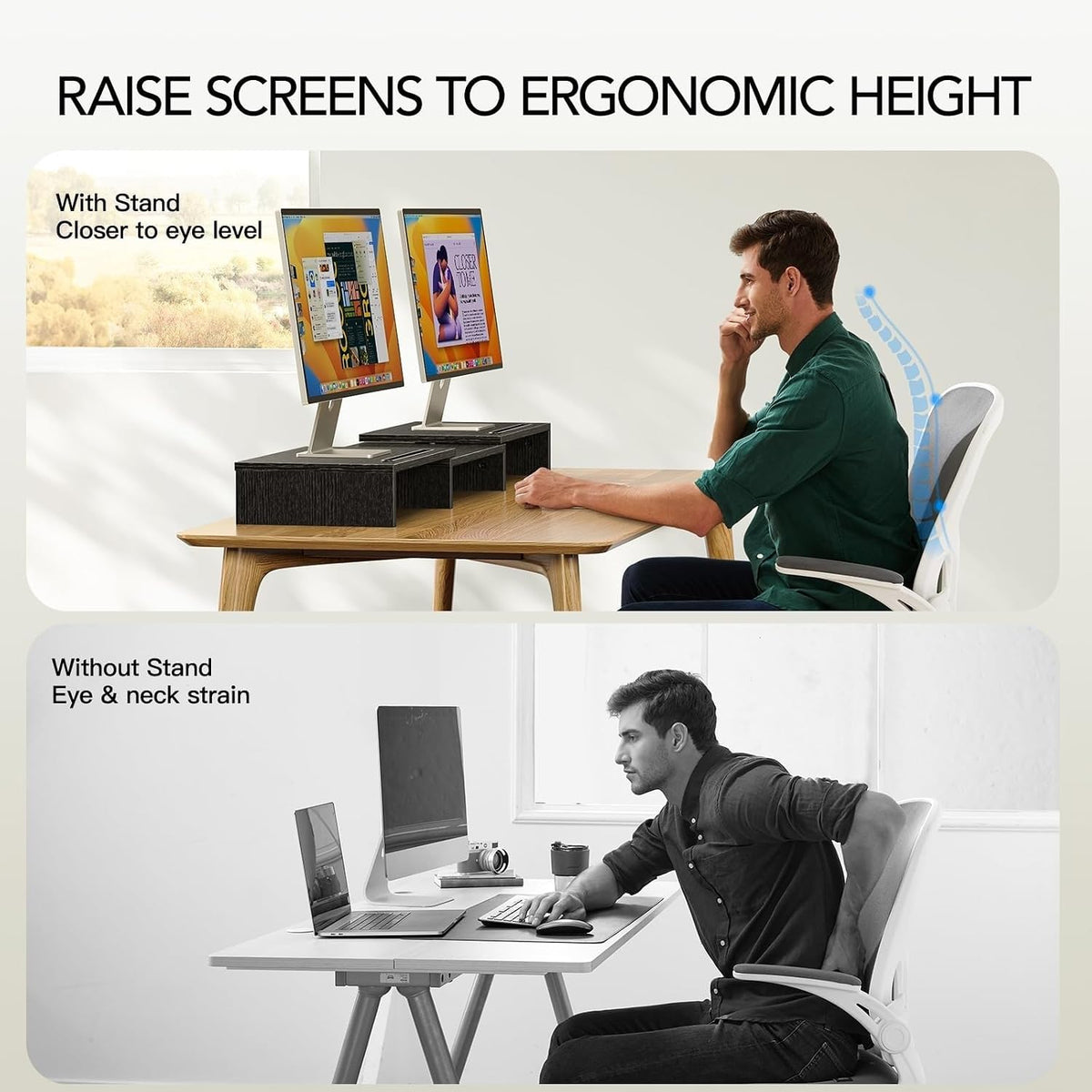 Dual Monitor Stand Riser- 3 Shelf Screen Stand with Adjustable Length and Angle, 2 Extra Functional Slot Desktop Organizer Stand for PC, Computer, Laptop (Light Wood)