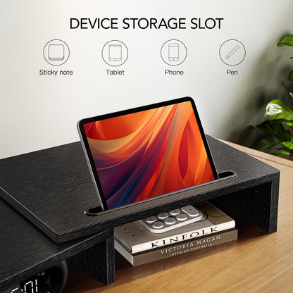 Dual Monitor Stand Riser- 3 Shelf Screen Stand with Adjustable Length and Angle, 2 Extra Functional Slot Desktop Organizer Stand for PC, Computer, Laptop (Light Wood)