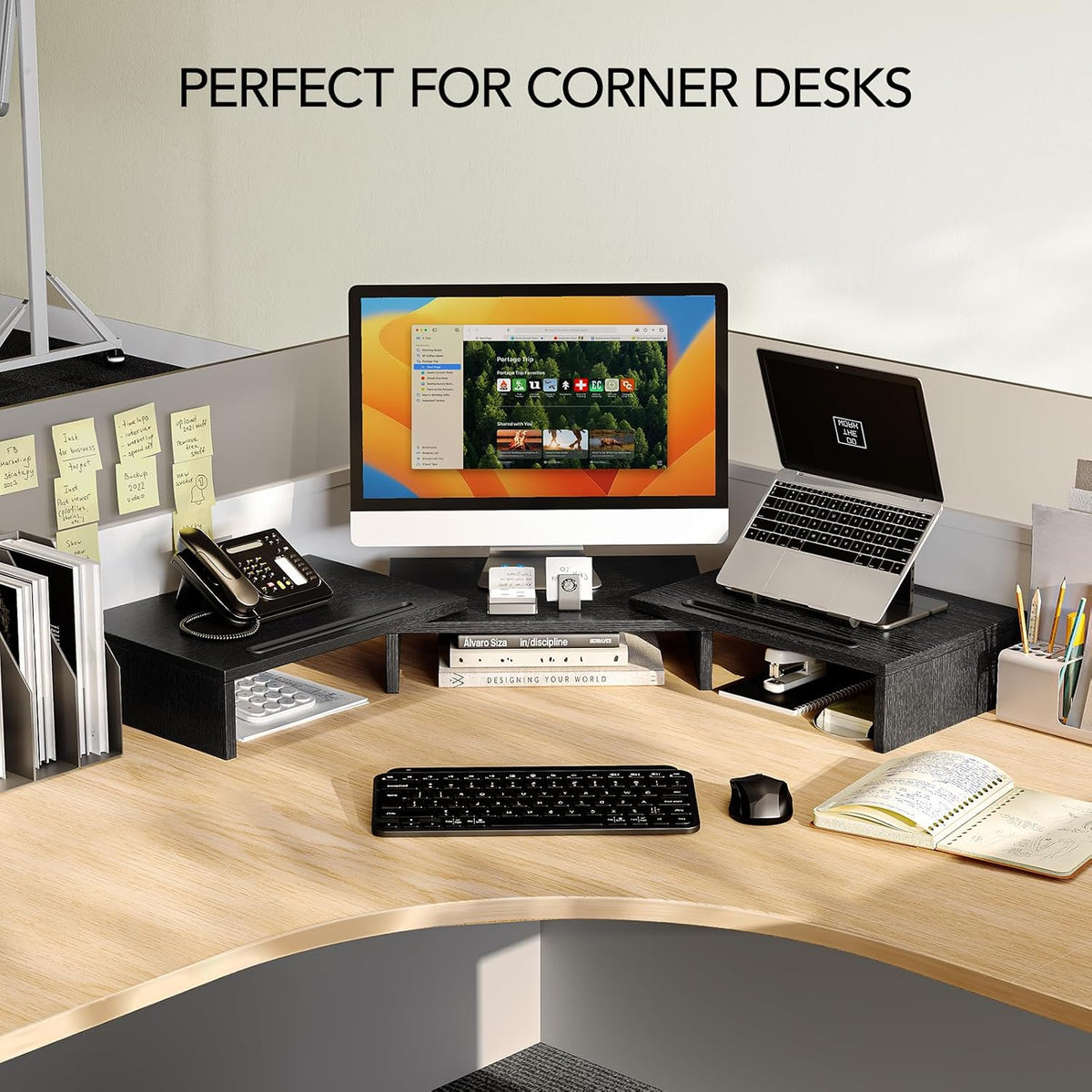 Dual Monitor Stand Riser- 3 Shelf Screen Stand with Adjustable Length and Angle, 2 Extra Functional Slot Desktop Organizer Stand for PC, Computer, Laptop (Light Wood)