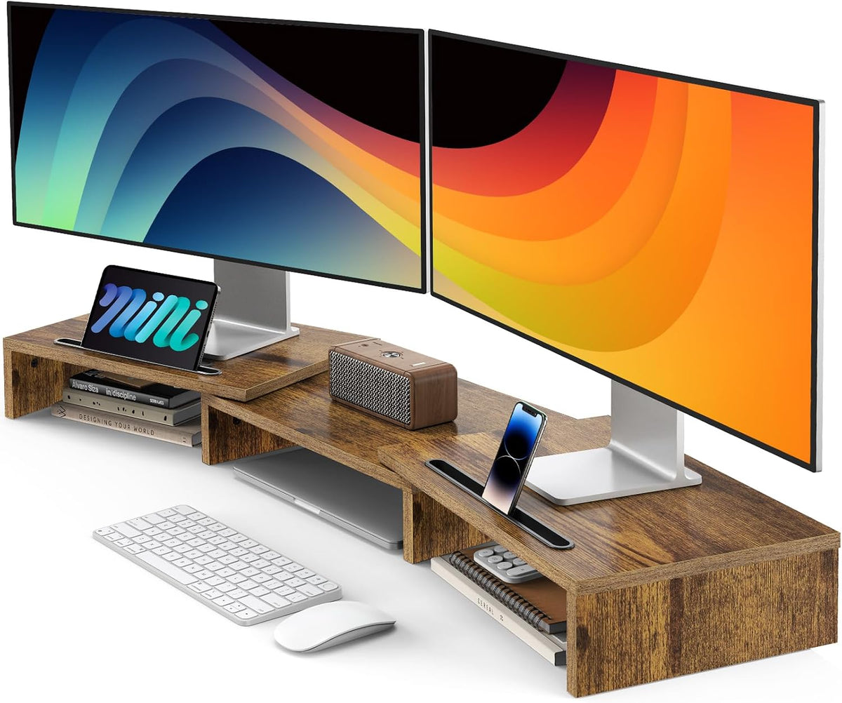 Dual Monitor Stand Riser- 3 Shelf Screen Stand with Adjustable Length and Angle, 2 Extra Functional Slot Desktop Organizer Stand for PC, Computer, Laptop (Light Wood)