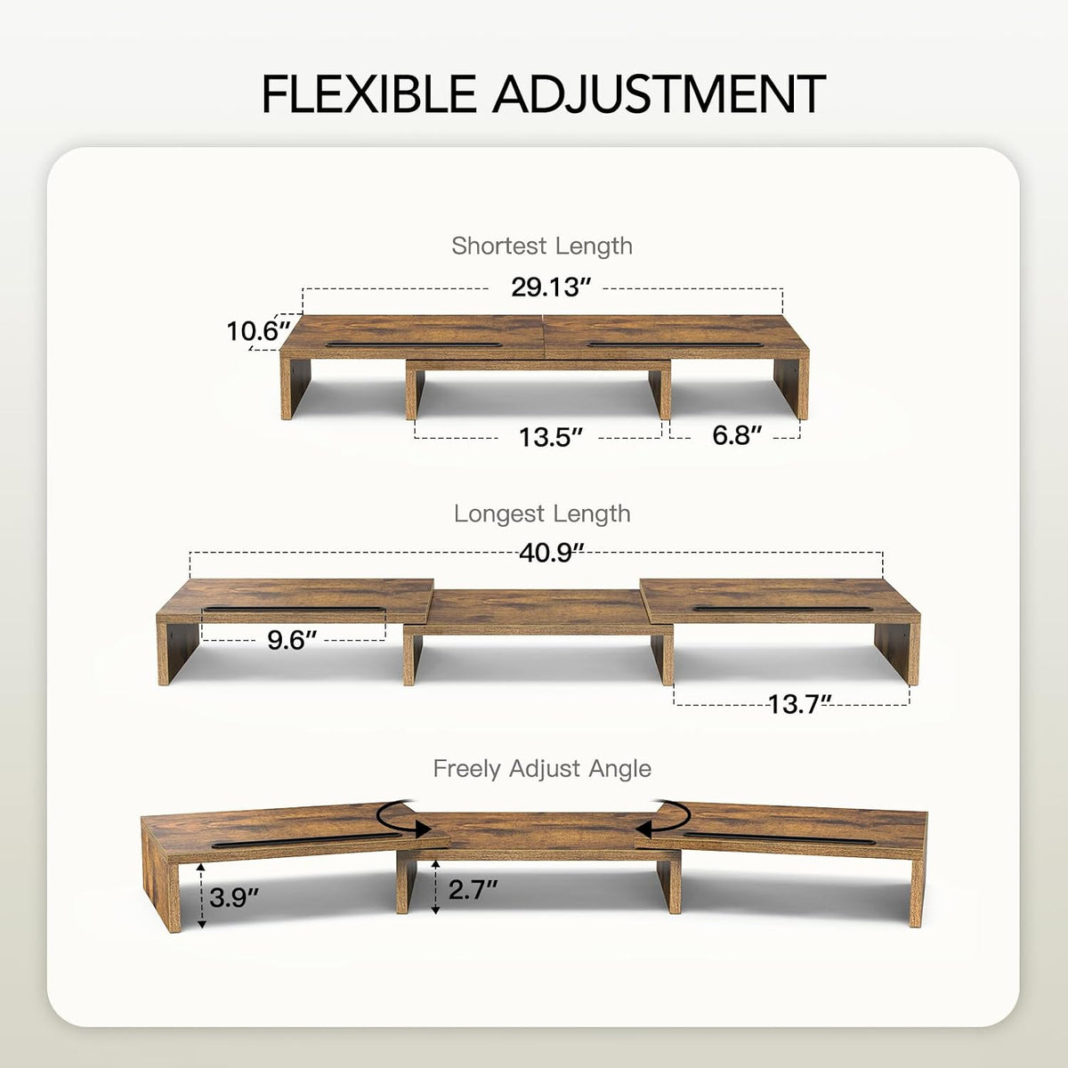 Dual Monitor Stand Riser- 3 Shelf Screen Stand with Adjustable Length and Angle, 2 Extra Functional Slot Desktop Organizer Stand for PC, Computer, Laptop (Light Wood)