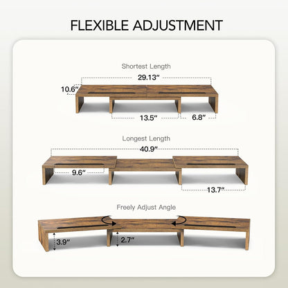 Dual Monitor Stand Riser- 3 Shelf Screen Stand with Adjustable Length and Angle, 2 Extra Functional Slot Desktop Organizer Stand for PC, Computer, Laptop (Light Wood)