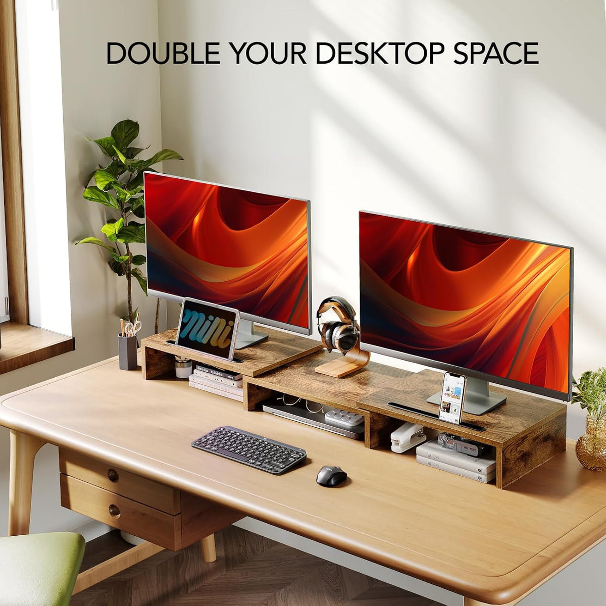 Dual Monitor Stand Riser- 3 Shelf Screen Stand with Adjustable Length and Angle, 2 Extra Functional Slot Desktop Organizer Stand for PC, Computer, Laptop (Light Wood)