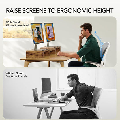 Dual Monitor Stand Riser- 3 Shelf Screen Stand with Adjustable Length and Angle, 2 Extra Functional Slot Desktop Organizer Stand for PC, Computer, Laptop (Light Wood)