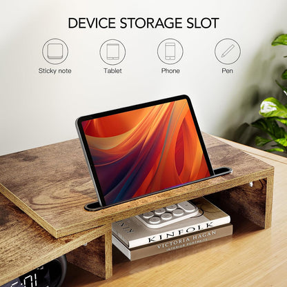 Dual Monitor Stand Riser- 3 Shelf Screen Stand with Adjustable Length and Angle, 2 Extra Functional Slot Desktop Organizer Stand for PC, Computer, Laptop (Light Wood)