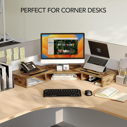 Dual Monitor Stand Riser- 3 Shelf Screen Stand with Adjustable Length and Angle, 2 Extra Functional Slot Desktop Organizer Stand for PC, Computer, Laptop (Light Wood)